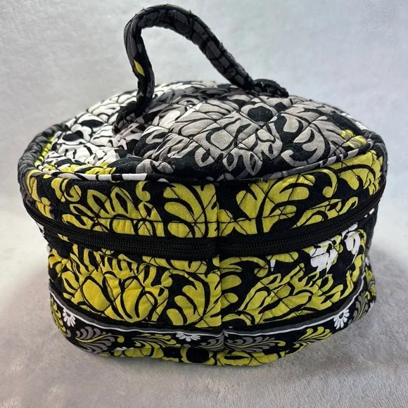 Vera Bradley Baroque Round Cosmetic Bag Travel Case Black Yellow - Picture 3 of 15